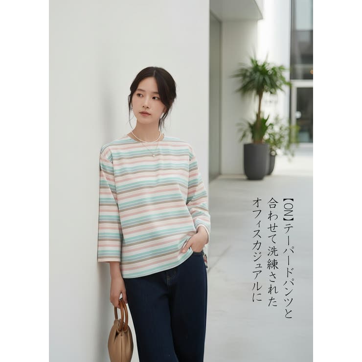 ラメボーダーラウンドネック9分袖ブラウス長袖トップスプルオーバー | On One's Own | 詳細画像12 