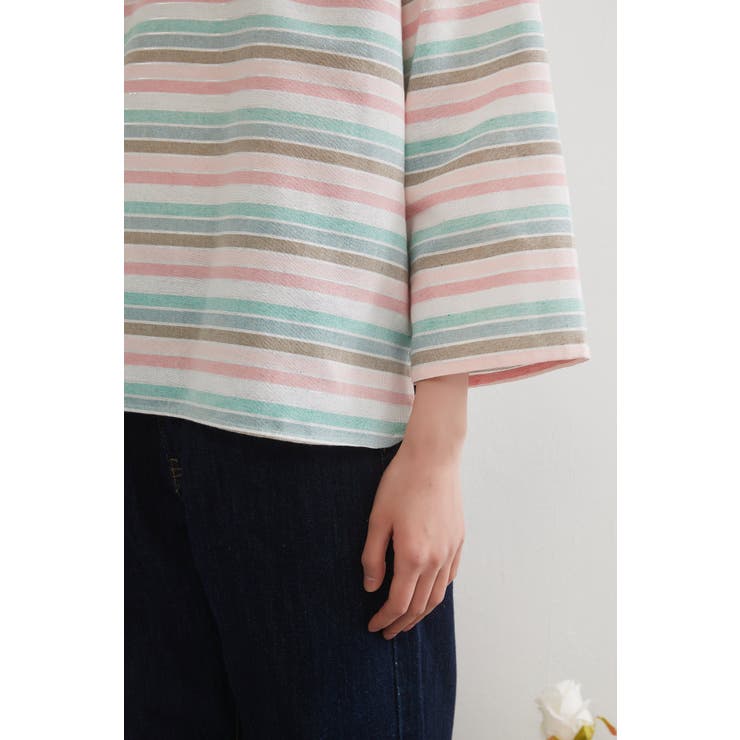 ラメボーダーラウンドネック9分袖ブラウス長袖トップスプルオーバー | On One's Own | 詳細画像7 