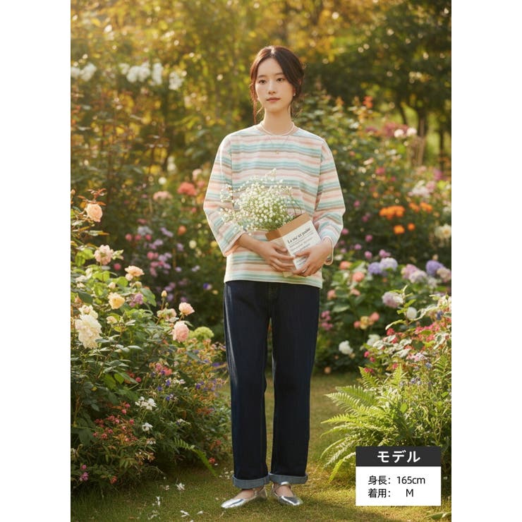 ラメボーダーラウンドネック9分袖ブラウス長袖トップスプルオーバー | On One's Own | 詳細画像3 