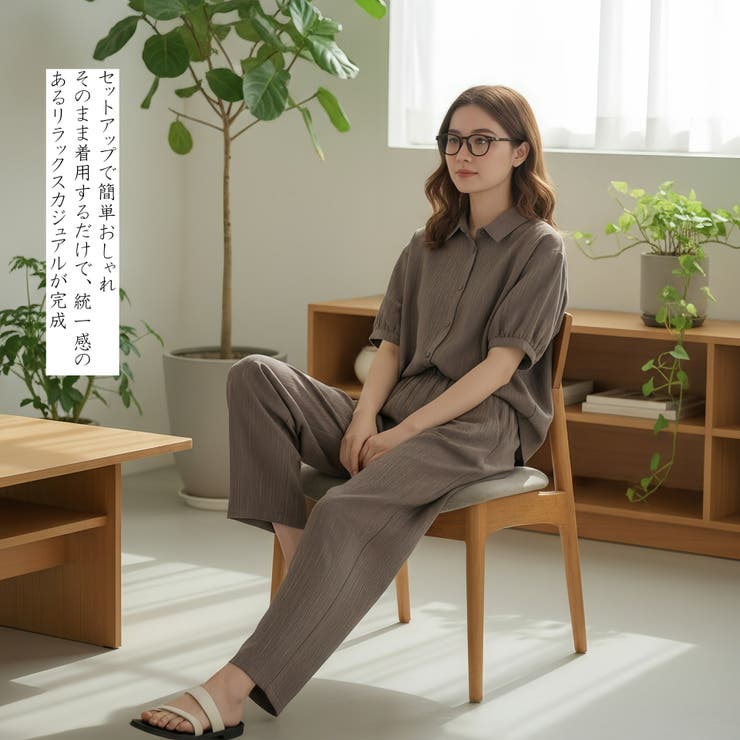 半袖ブラウスとコクーンパンツのセットアップストライプ総ゴムポケット付き | On One's Own | 詳細画像2 