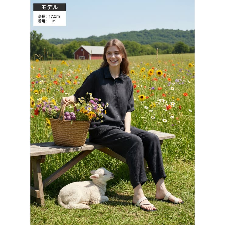 半袖ブラウスとコクーンパンツのセットアップストライプ総ゴムポケット付き | On One's Own | 詳細画像3 