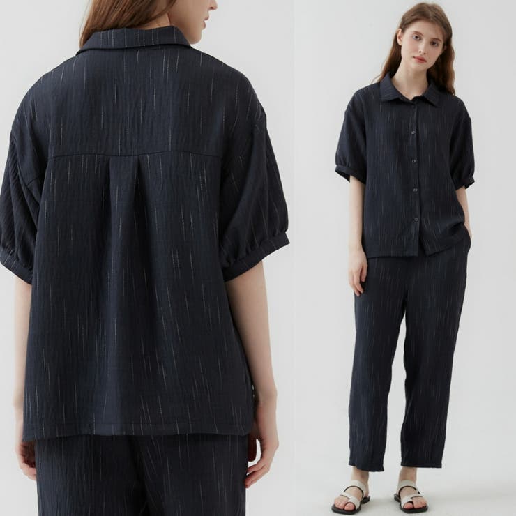 半袖ブラウスとコクーンパンツのセットアップストライプ総ゴムポケット付き | On One's Own | 詳細画像5 