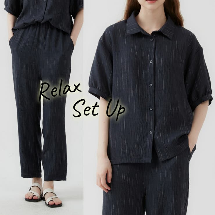 半袖ブラウスとコクーンパンツのセットアップストライプ総ゴムポケット付き | On One's Own | 詳細画像4 