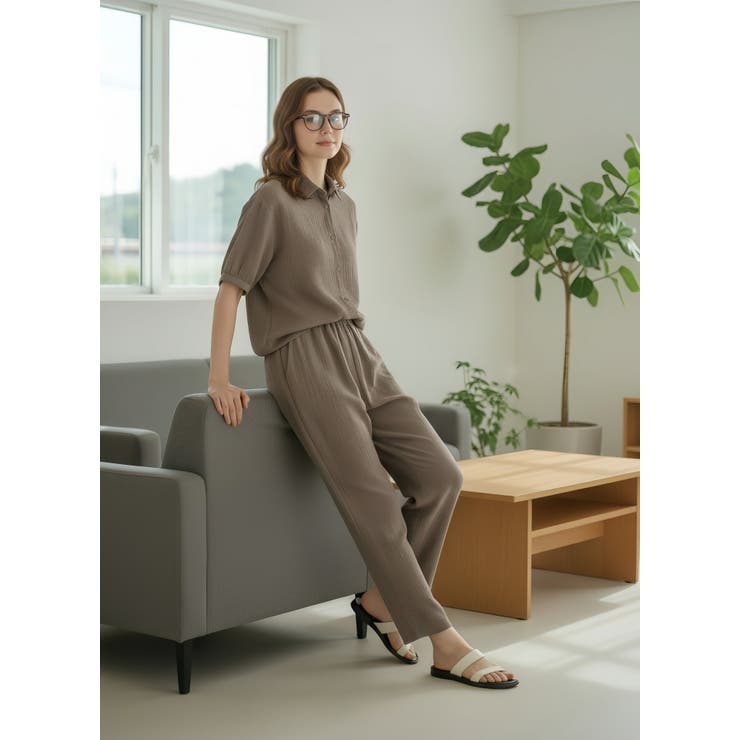 半袖ブラウスとコクーンパンツのセットアップストライプ総ゴムポケット付き | On One's Own | 詳細画像8 