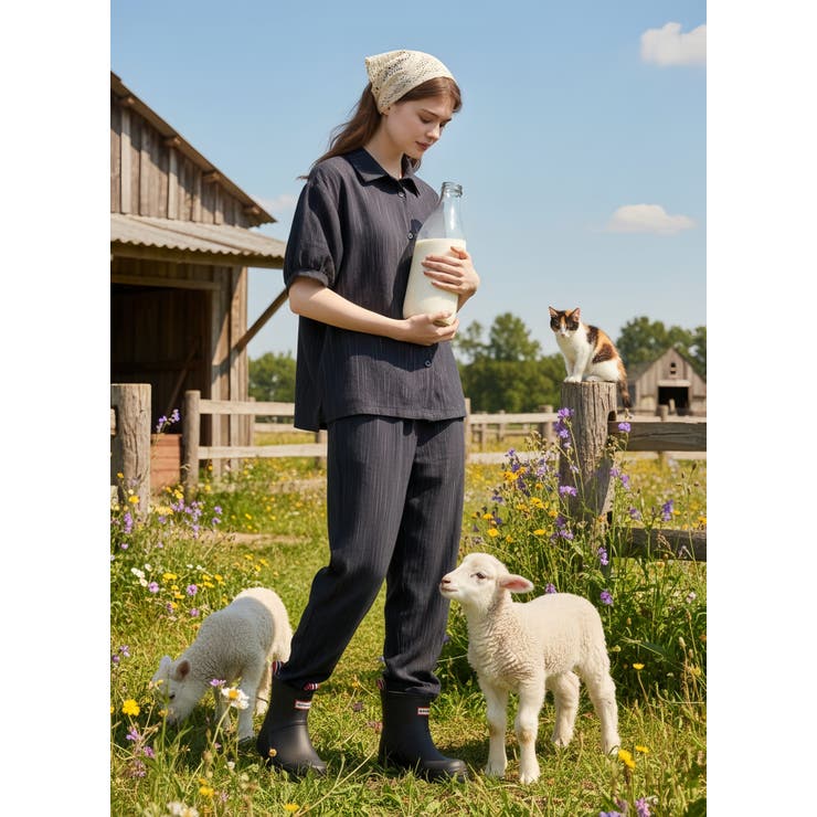 NAVY | 半袖ブラウスとコクーンパンツのセットアップストライプ総ゴムポケット付き | On One's Own