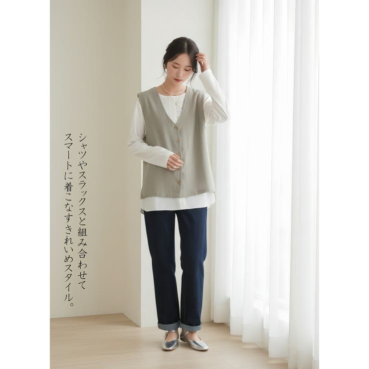 Vネック多ボタンベストノースリーブレイヤードジレ | On One's Own | 詳細画像8 