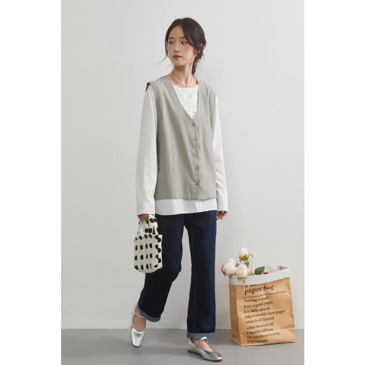 Vネック多ボタンベストノースリーブレイヤードジレ | On One's Own | 詳細画像16 