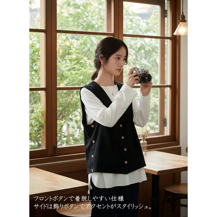 Vネック多ボタンベストノースリーブレイヤードジレ | On One's Own | 詳細画像14 