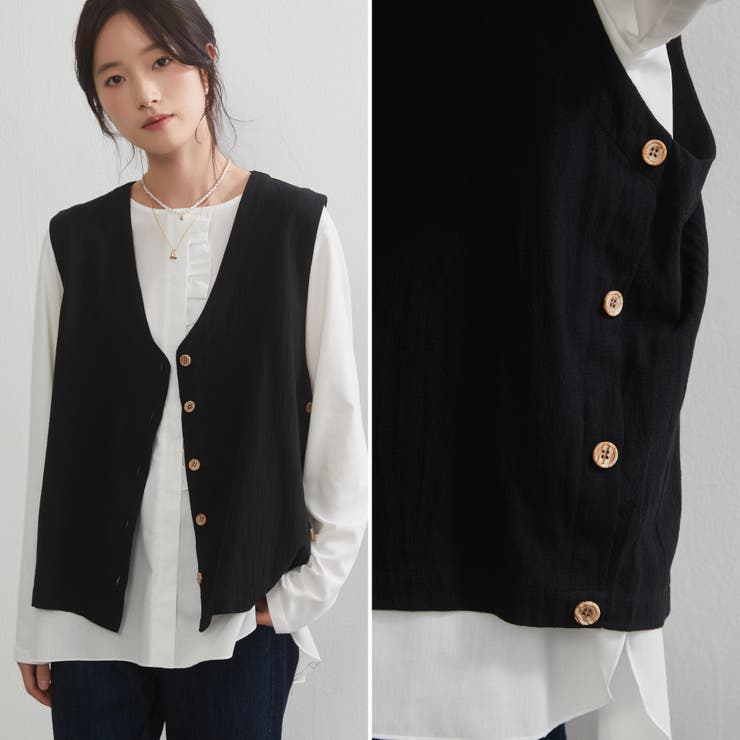 Vネック多ボタンベストノースリーブレイヤードジレ | On One's Own | 詳細画像11 