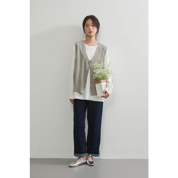 Vネック多ボタンベストノースリーブレイヤードジレ | On One's Own | 詳細画像9 