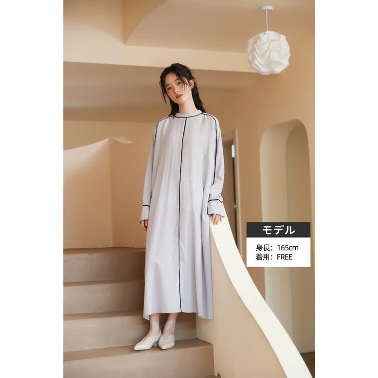 PURPLE | パイピングシャドーストライプAラインワンピース長袖ロング丈 | On One's Own