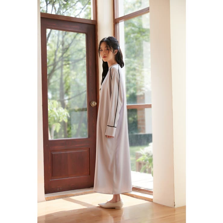 パイピングシャドーストライプAラインワンピース長袖ロング丈 | On One's Own | 詳細画像12 