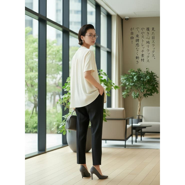 センタープレススラックススリムテーパードパンツオフィスカジュアルウエストゴム | On One's Own | 詳細画像6 