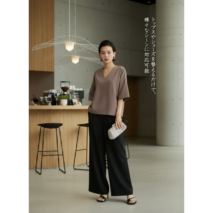 BLACK | ワイドパンツタック入りスラックスウエストゴムオフィス通勤 | On One's Own