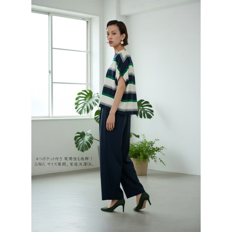 ワイドパンツタック入りスラックスウエストゴムオフィス通勤 | On One's Own | 詳細画像3 