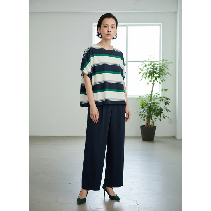 NAVY | ワイドパンツタック入りスラックスウエストゴムオフィス通勤 | On One's Own