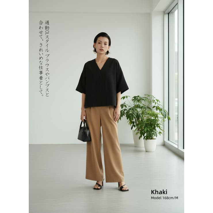 ワイドパンツタック入りスラックスウエストゴムオフィス通勤 | On One's Own | 詳細画像5 