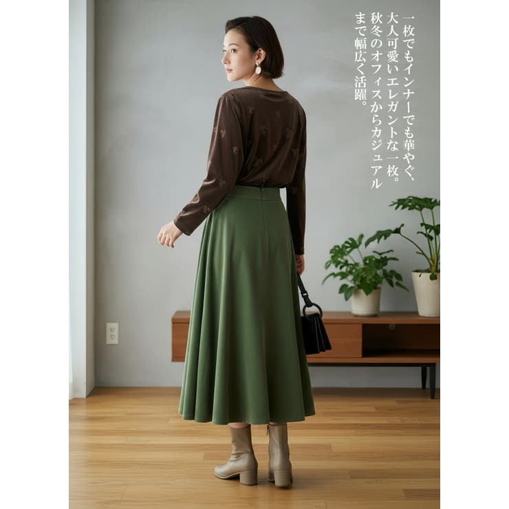 長袖Tシャツベロアリボン柄立体プリントストレッチカットソートップス | On One's Own | 詳細画像2 