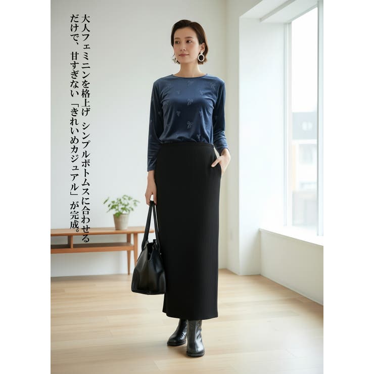 長袖Tシャツベロアリボン柄立体プリントストレッチカットソートップス | On One's Own | 詳細画像3 