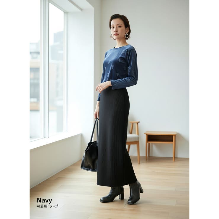 NAVY | 長袖Tシャツベロアリボン柄立体プリントストレッチカットソートップス | On One's Own