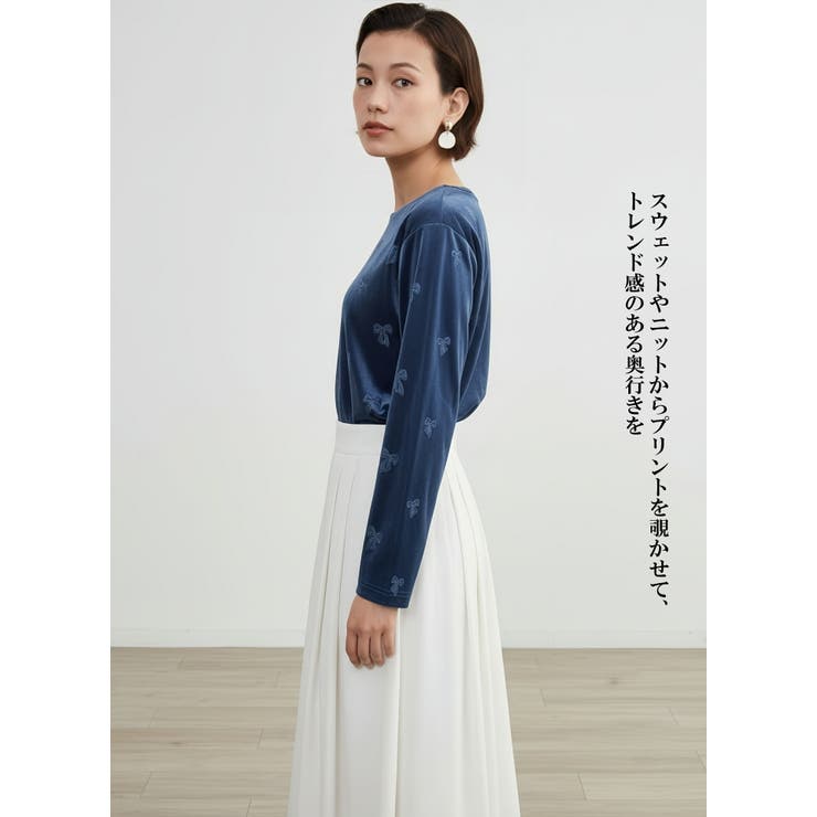長袖Tシャツベロアリボン柄立体プリントストレッチカットソートップス | On One's Own | 詳細画像11 