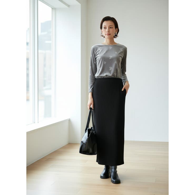 長袖Tシャツベロアリボン柄立体プリントストレッチカットソートップス | On One's Own | 詳細画像4 