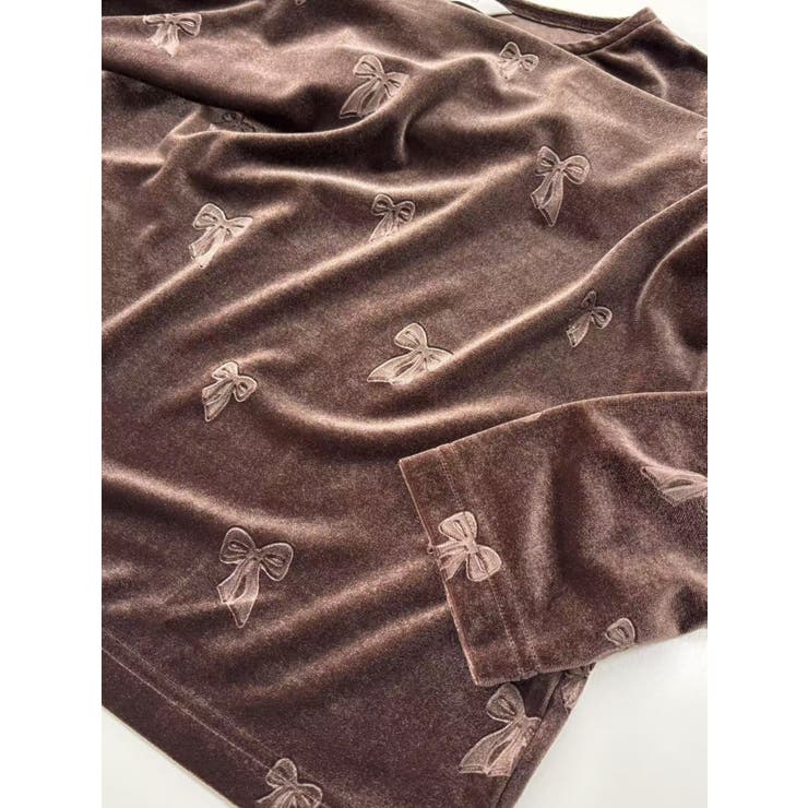 長袖Tシャツベロアリボン柄立体プリントストレッチカットソートップス | On One's Own | 詳細画像12 