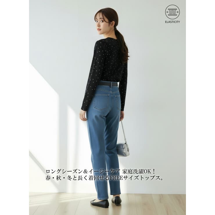 ドット柄長袖Tシャツラウンドネックカットソートップスストレッチ | On One's Own | 詳細画像6 