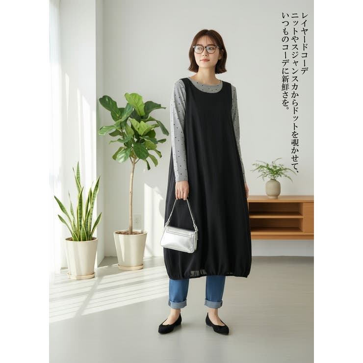 ドット柄長袖Tシャツラウンドネックカットソートップスストレッチ | On One's Own | 詳細画像5 