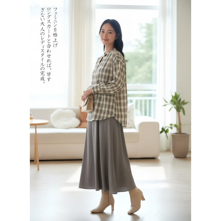 チェック柄長袖ブラウスチョーカーネックセンタースリットトップス | On One's Own | 詳細画像9 