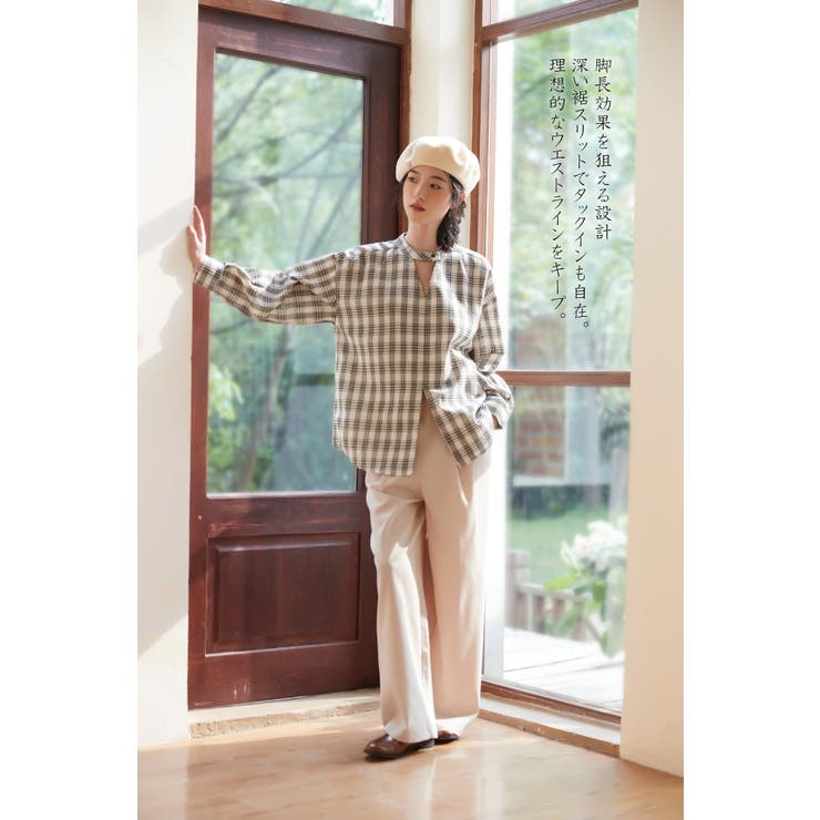 チェック柄長袖ブラウスチョーカーネックセンタースリットトップス | On One's Own | 詳細画像8 