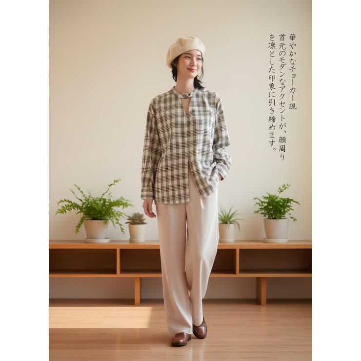 チェック柄長袖ブラウスチョーカーネックセンタースリットトップス | On One's Own | 詳細画像2 