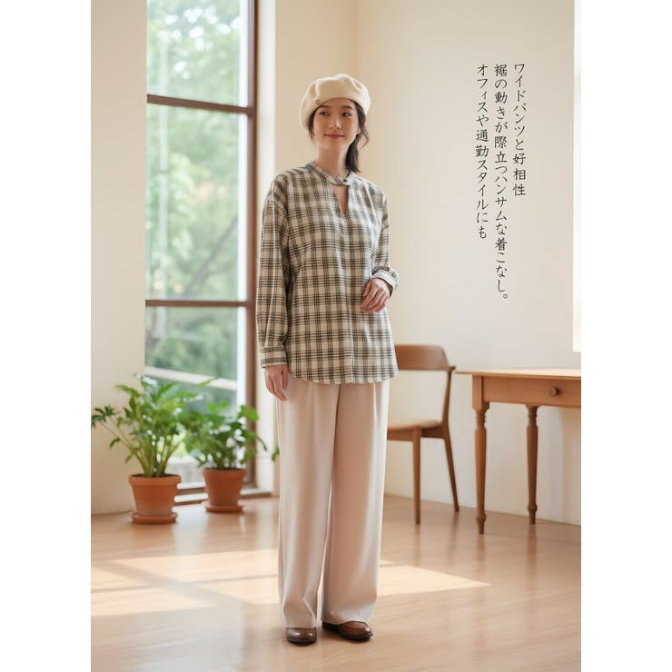 チェック柄長袖ブラウスチョーカーネックセンタースリットトップス | On One's Own | 詳細画像4 
