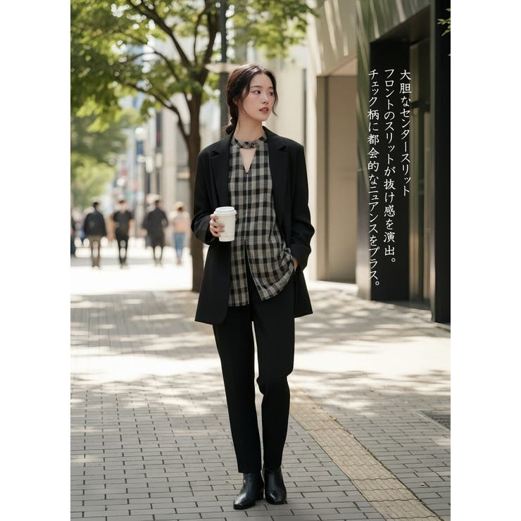 チェック柄長袖ブラウスチョーカーネックセンタースリットトップス | On One's Own | 詳細画像11 