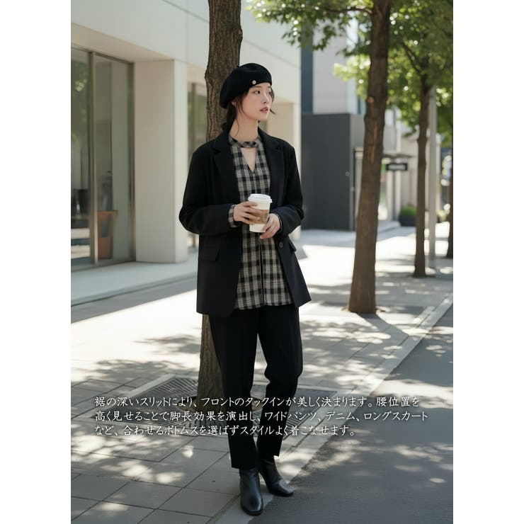 チェック柄長袖ブラウスチョーカーネックセンタースリットトップス | On One's Own | 詳細画像12 