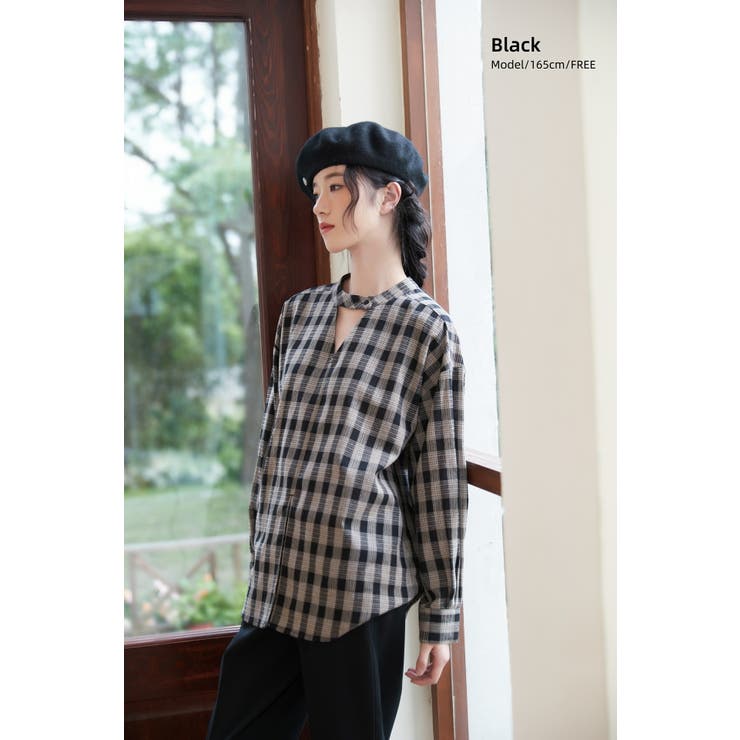 BLACK | チェック柄長袖ブラウスチョーカーネックセンタースリットトップス | On One's Own