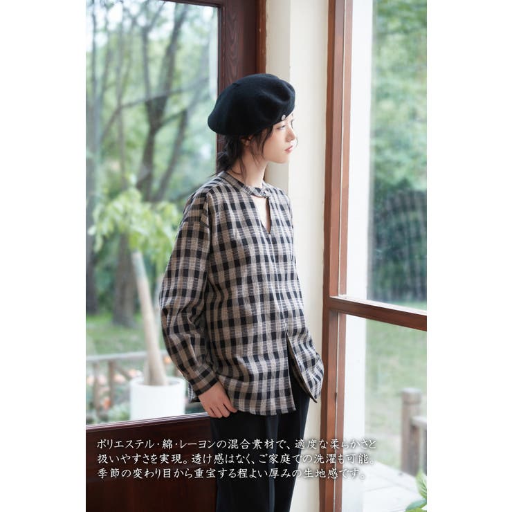 チェック柄長袖ブラウスチョーカーネックセンタースリットトップス | On One's Own | 詳細画像6 