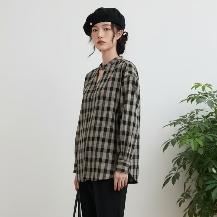 チェック柄長袖ブラウスチョーカーネックセンタースリットトップス | On One's Own | 詳細画像5 