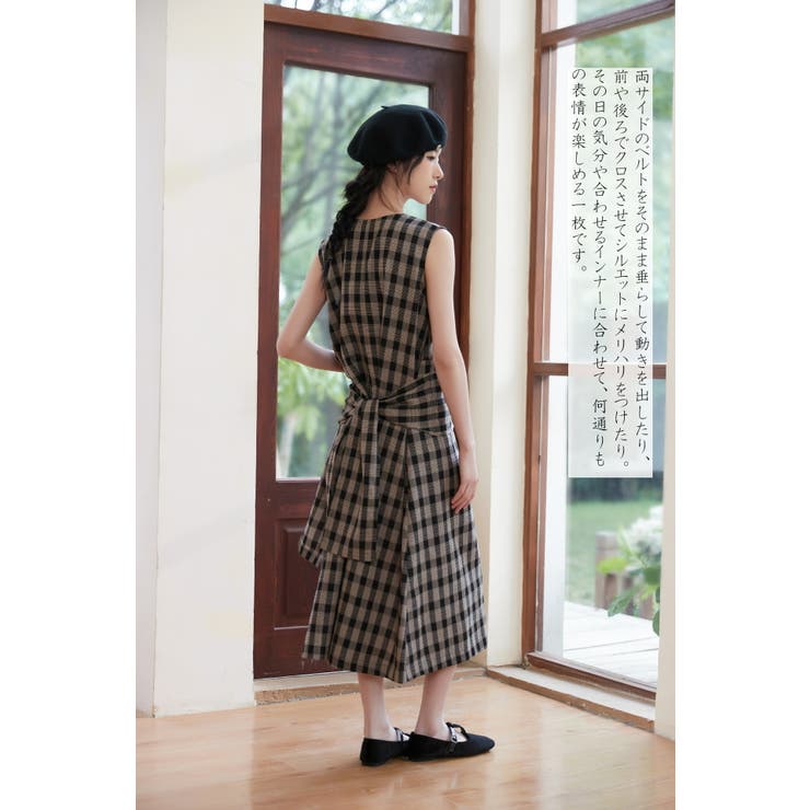 ポケット太幅ベルトデザインチェックワンピースノースリーブジャンパースカート | On One's Own | 詳細画像15 