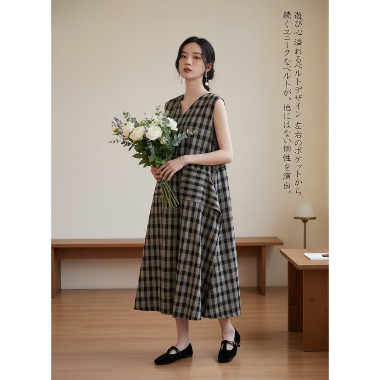 ポケット太幅ベルトデザインチェックワンピースノースリーブジャンパースカート | On One's Own | 詳細画像10 