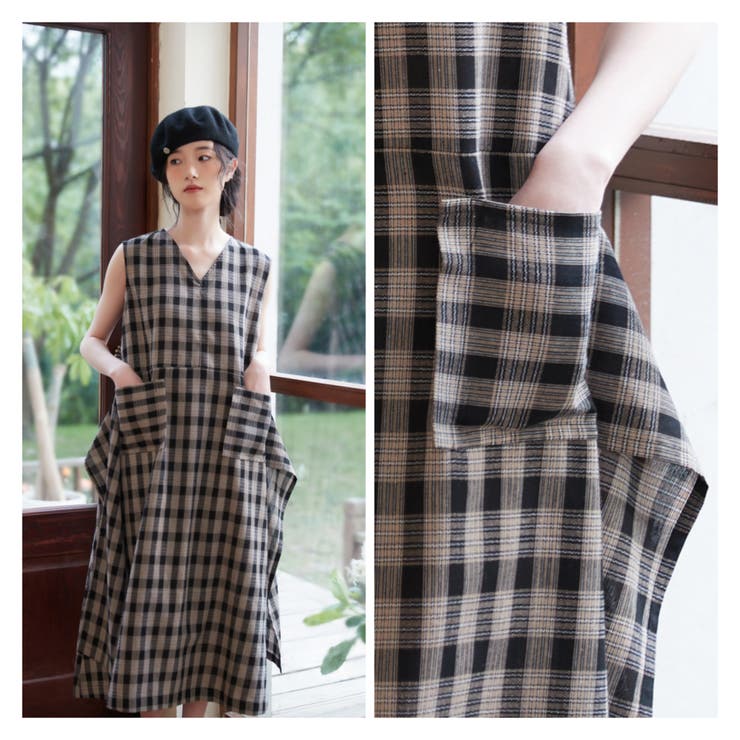 ポケット太幅ベルトデザインチェックワンピースノースリーブジャンパースカート | On One's Own | 詳細画像6 