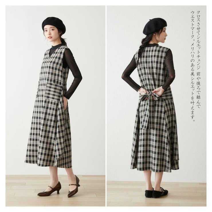 ポケット太幅ベルトデザインチェックワンピースノースリーブジャンパースカート | On One's Own | 詳細画像4 