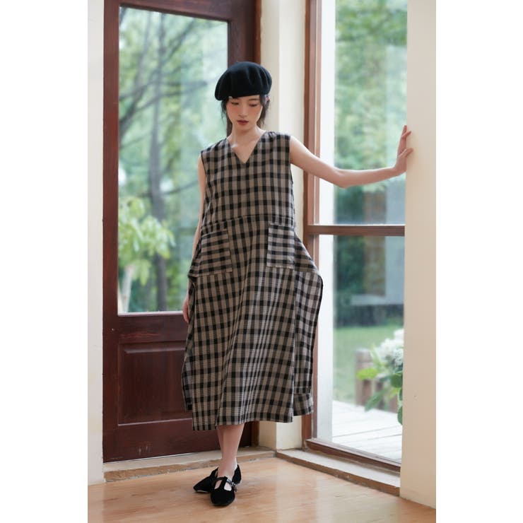 ポケット太幅ベルトデザインチェックワンピースノースリーブジャンパースカート | On One's Own | 詳細画像5 