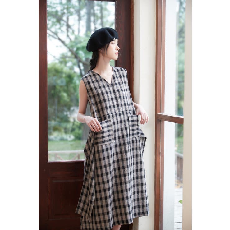 ポケット太幅ベルトデザインチェックワンピースノースリーブジャンパースカート | On One's Own | 詳細画像14 