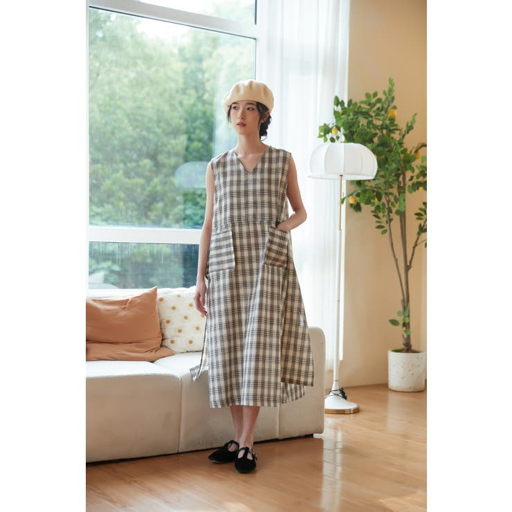 ポケット太幅ベルトデザインチェックワンピースノースリーブジャンパースカート | On One's Own | 詳細画像7 
