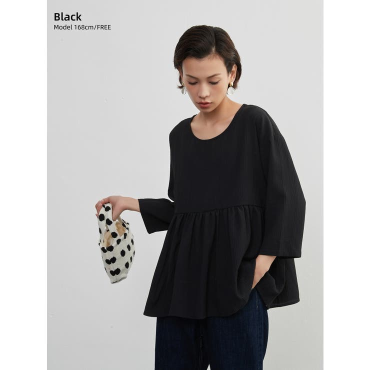 BLACK | ジャガード八分袖ギャザートップスプルオーバー | On One's Own