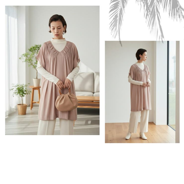 ギャザーVネック半袖チュニックシンプルトップ | On One's Own | 詳細画像3 