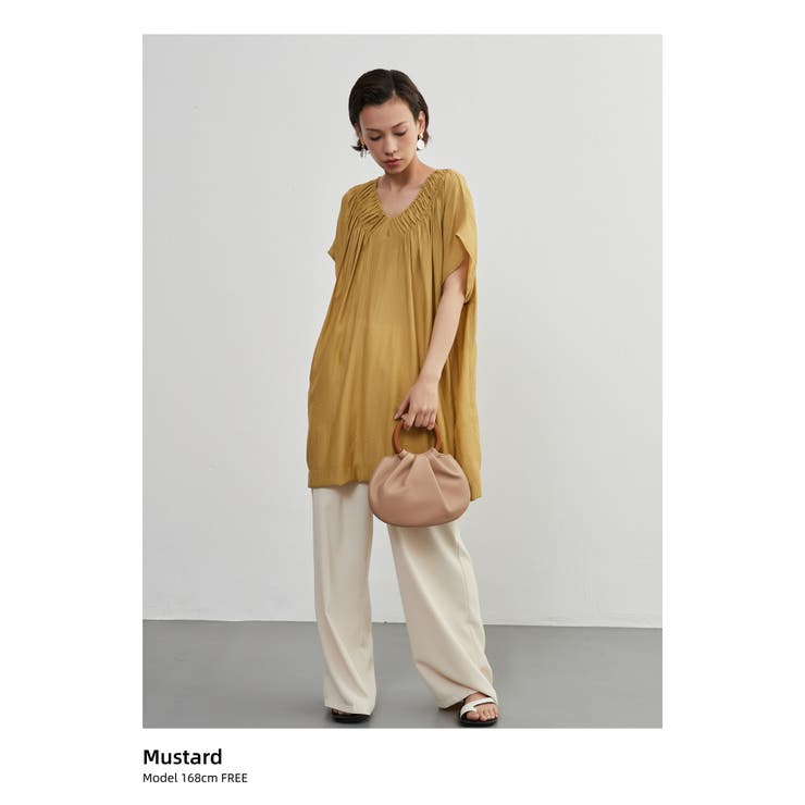 MUSTARD | ギャザーVネック半袖チュニックシンプルトップ | On One's Own