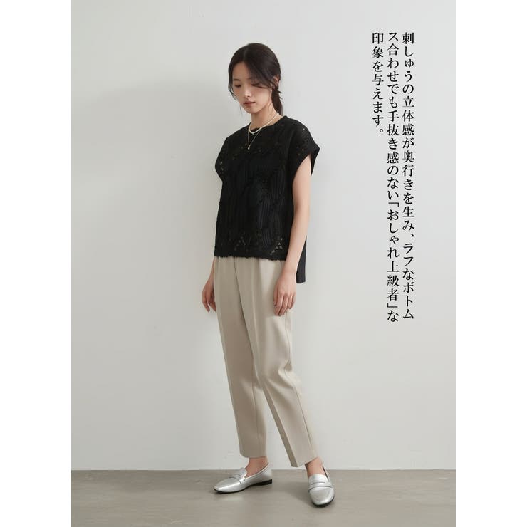 透け感テープ刺しゅうベストシアートップス半袖シアーブラウスレイヤード重ね着 | On One's Own | 詳細画像7 