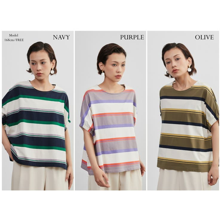 綿100％ドルマンボーダーTシャツ半袖トップスプルオーバーカットソー | On One's Own | 詳細画像2 